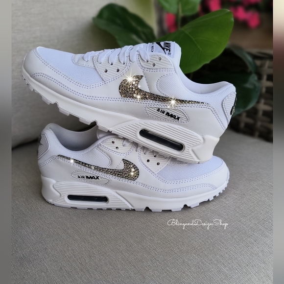 Women's Bling Nike Air Max 90 White Sneakers Shoes made with Swarovski C… - Picture 2 of 5